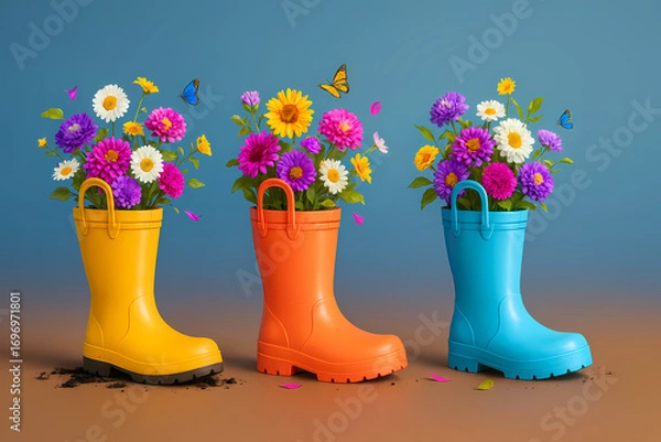 Fototapeta Colorful rubber boots filled with vibrant flowers and butterflies against a blue background in a cheerful display of springtime joy Generative AI