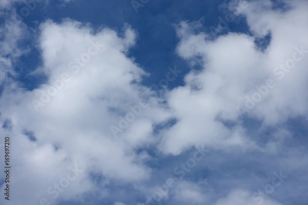 Fototapeta 青空と雲「空想・雲のモンスターたち〔出会いがしらに鼻などにキスをするモンスターと、子供のモンスター（画面左下）がその様子を見ているイメージなど〕」愛情表現、大好きよ、おい、こんなところではずかしいよ（と少し顔を下に向けたイメージ）、仲の良い夫婦、じゃれあう、祝福などのイメージ