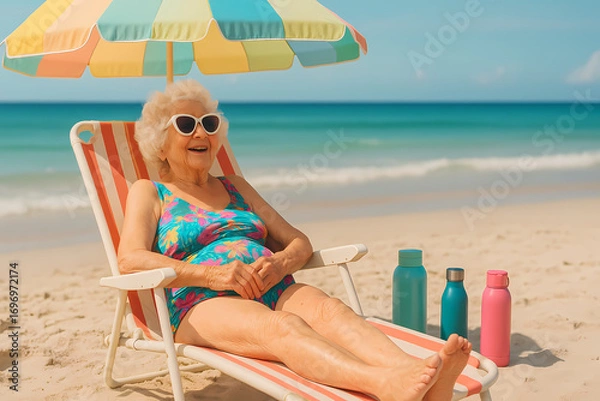 Fototapeta Elderly woman enjoying a sunny day at the beach while lounging under a colorful umbrella Generative AI