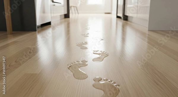 Fototapeta Trail of wet footprints on a clean light wood floor, natural colors, representing summer or a cleaning concept