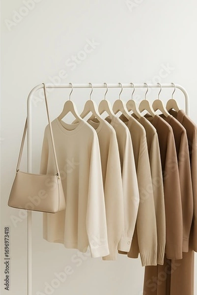 Fototapeta Clothes hanging on rack in neutral color palette