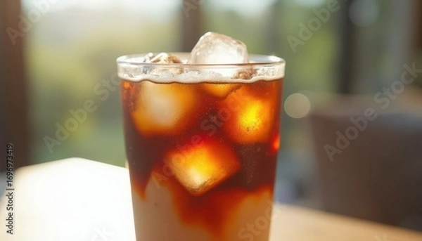 Fototapeta Refreshing Iced Coffee in a Glass with ice cubes