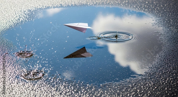 Fototapeta Paper airplane reflection in a puddle, blue, white, and grey, representing childhood dreams and travel