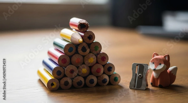 Fototapeta Pyramid of colored pencils with a fox sharpener, multicolored, creative art supplies concept