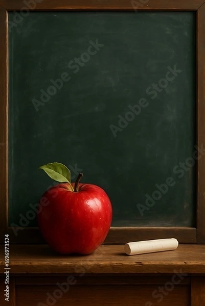Fototapeta Red apple and chalk on a blackboard background