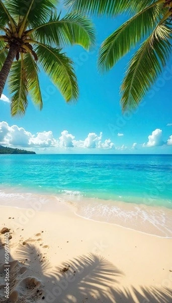 Fototapeta Golden Hawaiian sand meets turquoise ocean waves under a vibrant blue sky Palm trees sway gently in the warm breeze, creating a picturesque tropical paradise scene , ocean, sunny