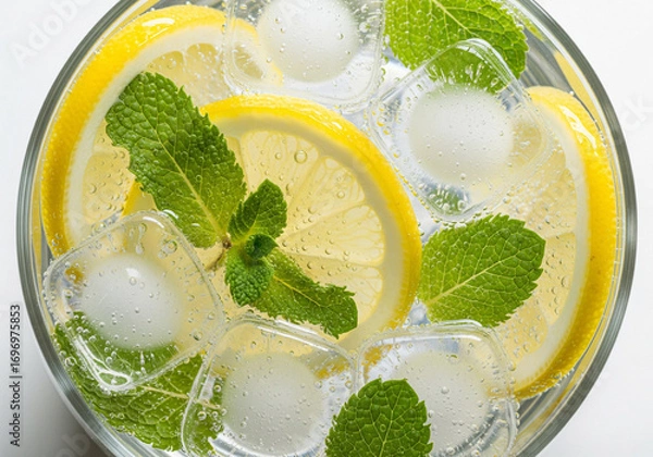 Fototapeta Top down view of a glass of iced water with fresh lemon slices and mint leaves closeup