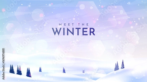 Fototapeta Vector illustration. Flat landscape. Snowy background with snowdrifts. Snowfall with blurred lights on blue sky. Blizzard. Cartoon horizontal wallpaper. Cold weather. Winter season with pine trees
