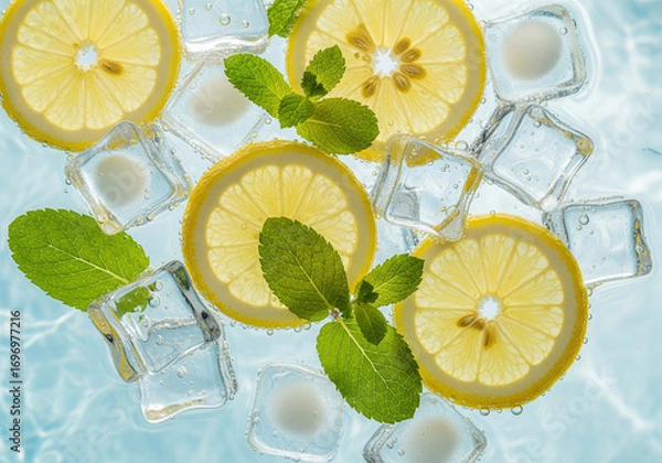 Fototapeta Abstract flat lay of fresh lemon slices mint leaves and ice cubes in clean blue water