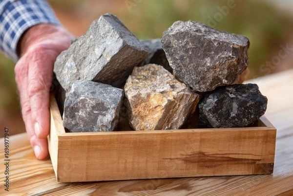 Fototapeta A person holding a wooden box filled with various types of rocks outdoors in a natural setting