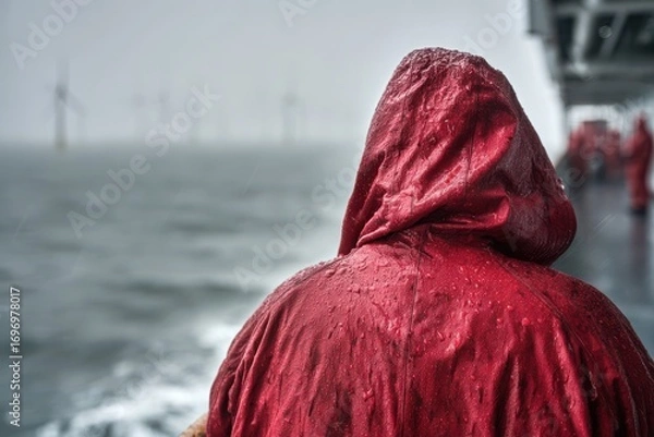 Fototapeta A person in a red raincoat gazes at offshore wind turbines during a rainy day at sea