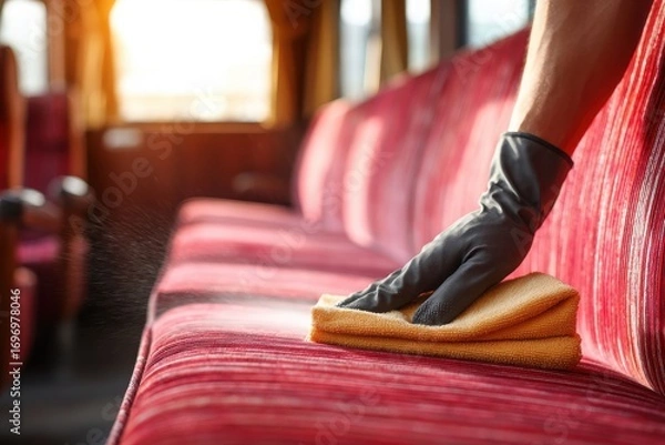 Fototapeta A person in gloves cleaning a train seat with a cloth, sunlight streaming in through the window