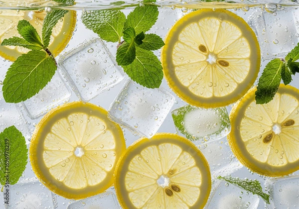 Fototapeta Backlit fresh lemon slices with mint and ice cubes creating a refreshing pattern on a white background