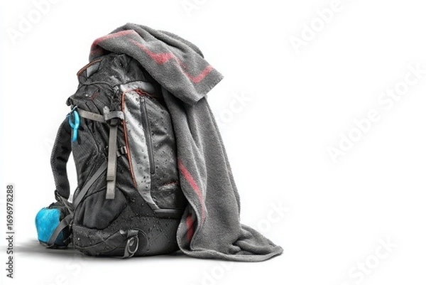 Fototapeta A rugged backpack draped with a soft blanket, showcasing outdoor adventure gear against a plain backdrop