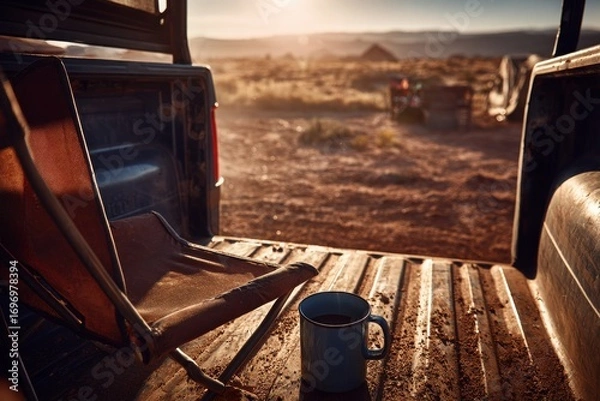 Fototapeta A rustic scene featuring a weathered chair and a blue mug in a pickup truck at sunset
