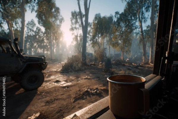 Fototapeta A serene morning scene with a coffee cup on a ledge, overlooking a misty forest and vehicle