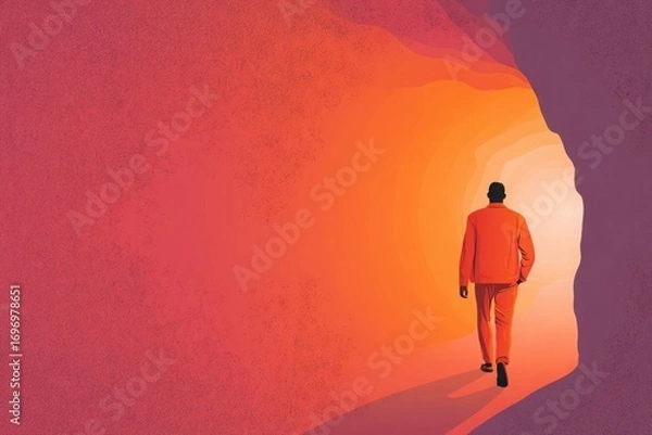 Fototapeta A solitary figure walking through a vibrant, glowing tunnel, symbolizing exploration and transformation