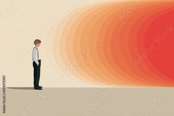 Fototapeta A young man in formal attire stands contemplatively against a gradient wall of warm colors