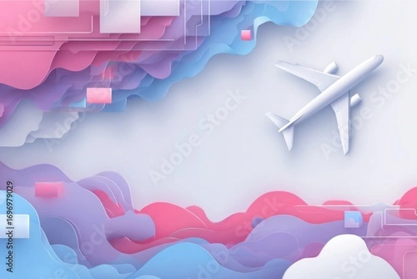 Fototapeta Abstract illustration of an airplane flying above colorful clouds with geometric shapes in the background