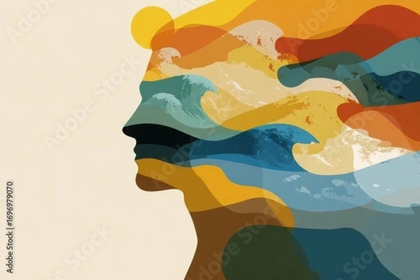 Fototapeta Abstract representation of a human silhouette filled with colorful wave patterns symbolizing creativity