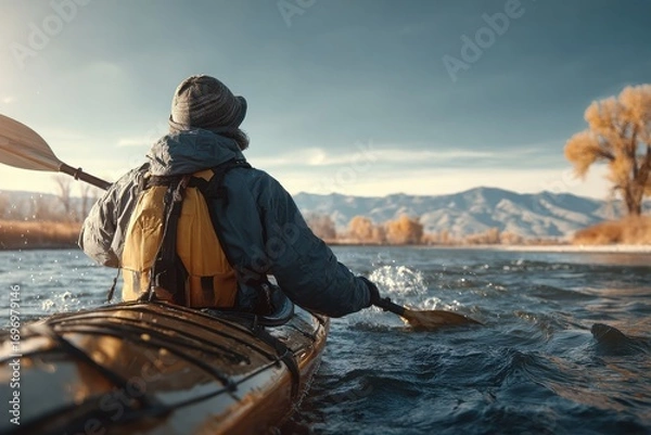 Fototapeta Adventurous kayaker paddling through serene river landscape with mountains in the background