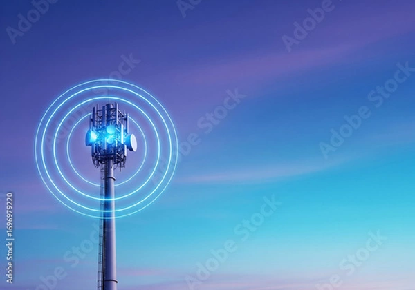 Fototapeta Closeup of a 5G communication tower with blue light signals against a colorful dawn sky with copy space