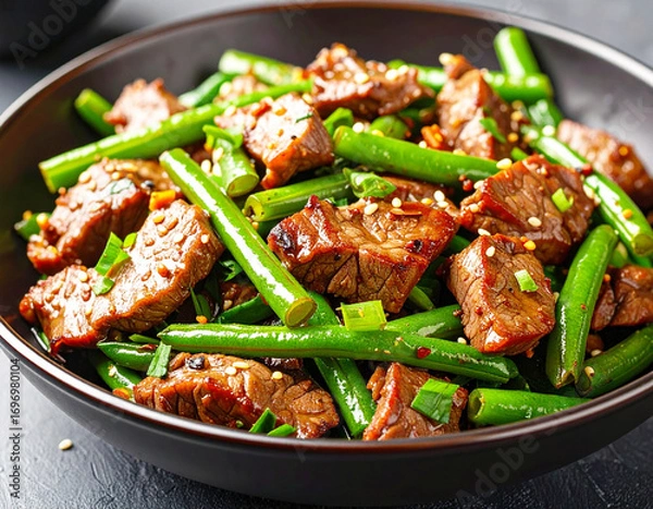 Fototapeta Stir fried beef with green beans, macro. AI