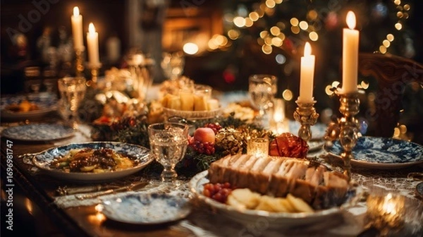 Fototapeta Festive dinner table set for Christmas
