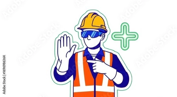 Fototapeta Construction worker icon with safety helmet and vest giving stop hand signal for workplace safety