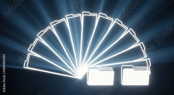 Fototapeta Glowing digital folders in abstract geometric fan shape against radiant dark background