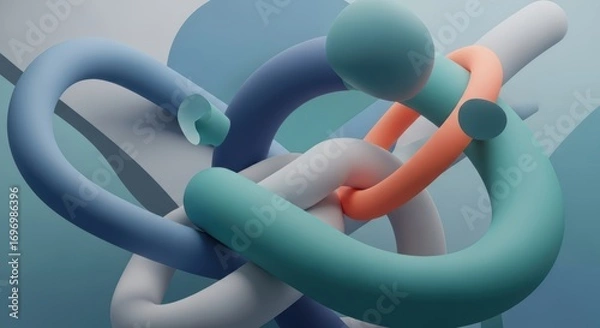 Fototapeta Colorful intertwined tubes in abstract minimalist sculpture on blue background