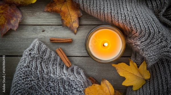 Fototapeta Cozy autumn still life with aromatic candle, pumpkins, wool sweater, cinnamon sticks, and fall leaves on a wooden surface, evoking a relaxing home atmosphere on a grey morning