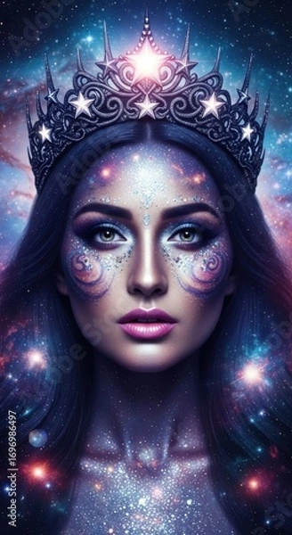Fototapeta Galactic queen with celestial makeup and crown in mystical space-themed portrait