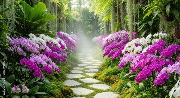Fototapeta Enchanting stone pathway in tropical garden with vibrant purple and white orchids amidst lush greenery