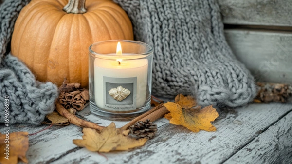 Fototapeta Autumn cozy setup with aromatherapy elements: candle, pumpkins, wool sweater, cinnamon, and leaves on wooden surface, grey morning ambiance