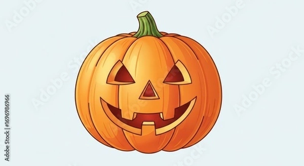 Fototapeta Smiling halloween jack o lantern with carved face on light background