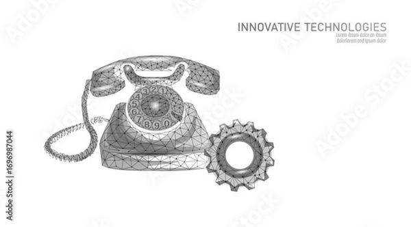 Obraz Vintage phone gear illustration. Retro telephone mechanism lowpoly design. Communication technology business concept. Wireframe style white background vector