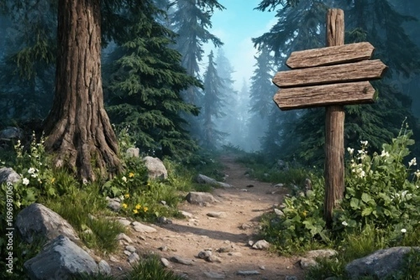 Fototapeta Wooden trail signpost with three arrows on hiking path in pine forest