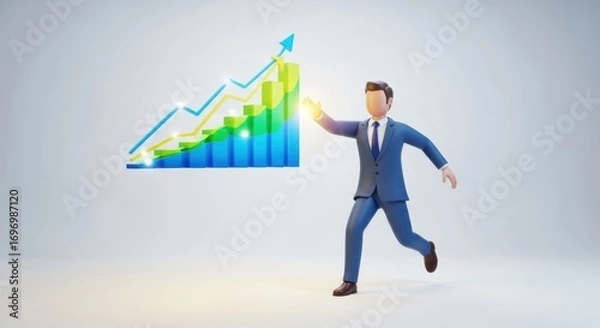 Fototapeta Businessman chasing success with rising graph in modern business concept