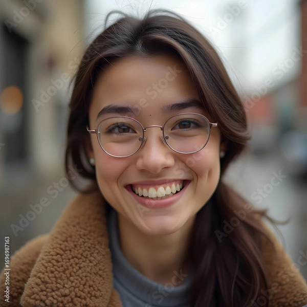 Fototapeta Portrait of a smiling young woman with glasses wearing brown coat on city street