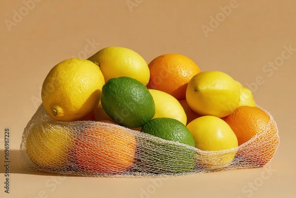 Obraz carefully arranged net bag filled with ultrabright citrus fruits such as lemons oranges and limes on clean