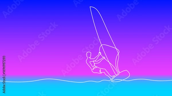 Obraz Windsurfer one line drawing concept. Continuous line watersport sailing surfing extreme sport art. Travel adventure lifestyle. Purple cyan background white vector illustration