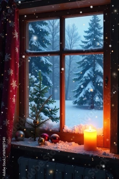 Fototapeta Cozy winter scene with flickering candlelight illuminating a snowy landscape outside a rustic window Perfect for holiday, winter, and hygge themes , fireplace, interior