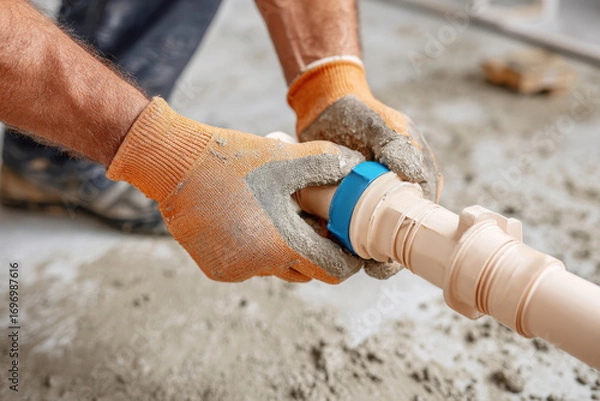 Fototapeta Pipe fitting process in construction site with hands securing joint assembly