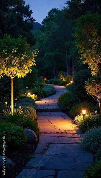 Fototapeta Dramatic landscape lighting illuminates a garden path at night, highlighting lush foliage and stone features  Creates a warm and inviting ambiance ,  trees,  path,  green