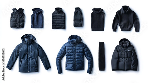 Fototapeta Dark blue hooded down jacket paired with a black sweater, isolated on white background, part of a set of seven clothing items