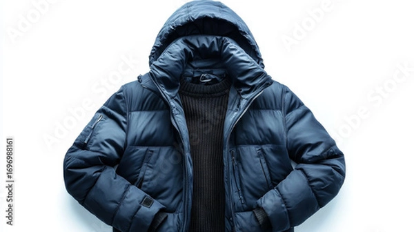 Fototapeta Dark blue hooded down jacket paired with a black sweater, isolated on white background, part of a set of seven clothing items
