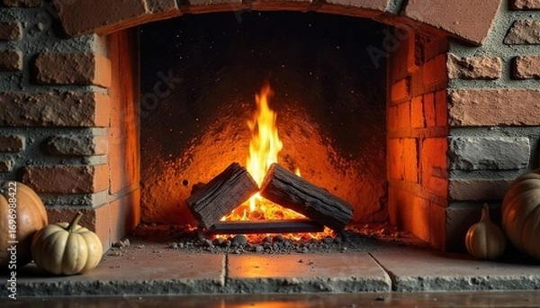 Fototapeta Cozy and inviting hearth background featuring warm, glowing embers and rustic stonework Perfect for autumnal, winter, or home-themed projects , nature, old