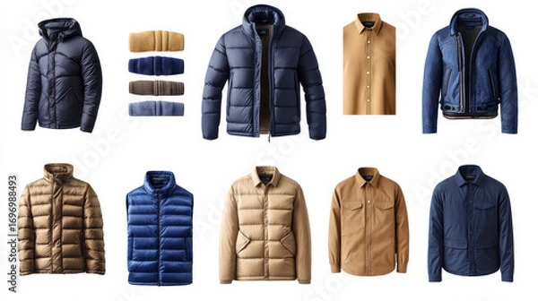 Fototapeta Dark blue men’s down jacket paired with beige shirt, isolated on white background, part of an eight-item casual wear set.