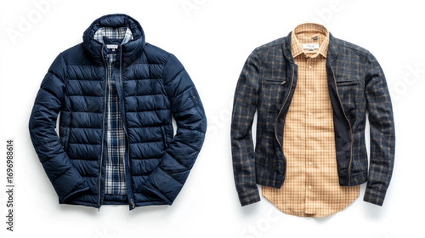 Fototapeta Dark blue men’s down jacket paired with beige shirt, isolated on white background, part of an eight-item casual wear set.